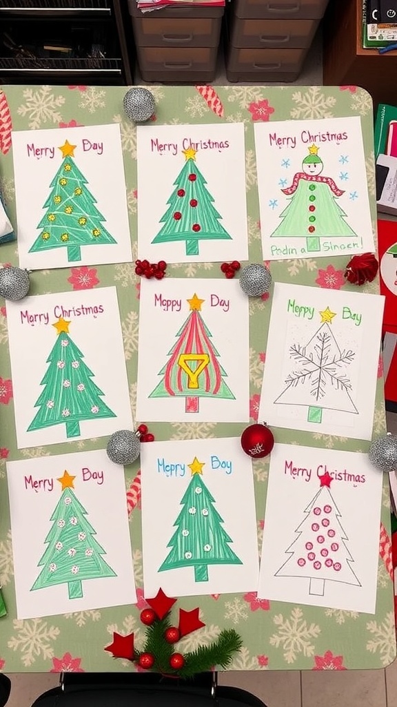 A variety of handmade Christmas cards with festive designs and decorations on a craft table.